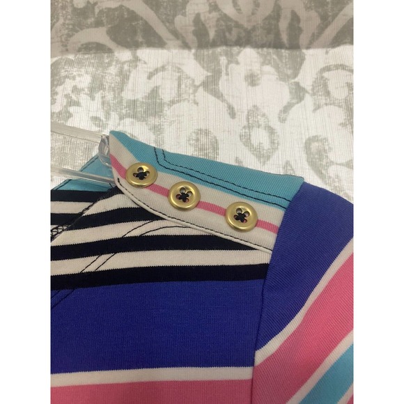 Talbots Multicolor Stripe Jersey Shift Dress Gold Button SP S Petite - Picture 5 of 8